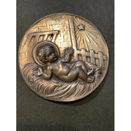Medalla Antigua de Bronce con Niño Jesús en el Pesebre - Pieza Religiosa Coleccionable