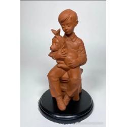 Escultura Terracota Niño con Perro - Figura Decorativa Vintage Siglo XX
