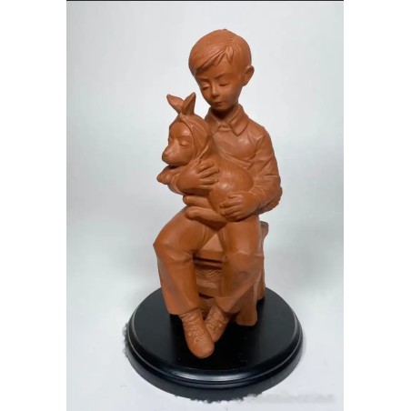 Escultura Terracota Niño con Perro - Figura Decorativa Vintage Siglo XX