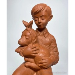 Escultura Terracota Niño con Perro - Figura Decorativa Vintage Siglo XX