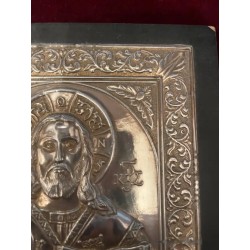 Icono Ortodoxo Cristo Pantocrator - Placa Repujada Plata Estilo Bizantino Antiguo