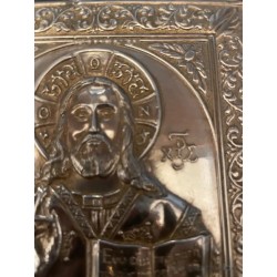 Icono Ortodoxo Cristo Pantocrator - Placa Repujada Plata Estilo Bizantino Antiguo