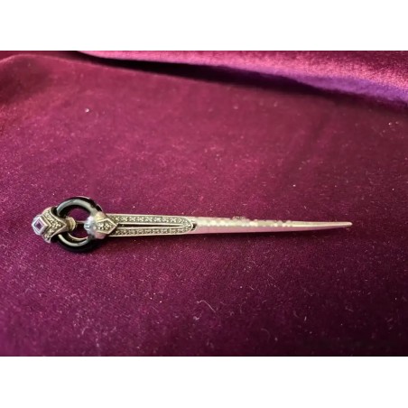 Alfiler Broche Art Decó en Plata con Ónix, Malaquita y Cristales - Joya Vintage