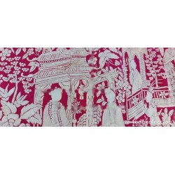 Mantón de Manila Rojo con Bordado Crema - Escenas Orientales y Motivos Florales