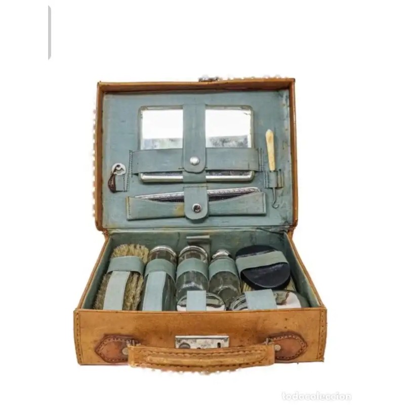 Elegante Maletín Vintage de Tocador - Cuero Auténtico Principios Siglo XX Elegante Maletín Vintage de Tocador - Cuero Auténtico Principios Siglo XX