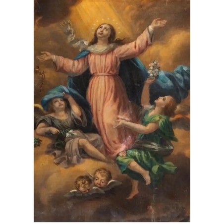 Pintura Religiosa Óleo Asunción de la Virgen - Arte Sacro Español Siglo XIX
