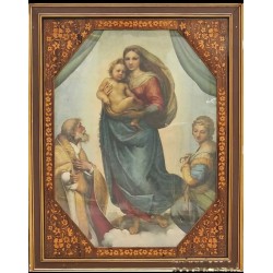 Antiguo marco con imagen de la Virgen y marquetería de flores, medidas 92x72.5 cm