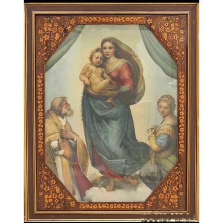 Antiguo marco con imagen de la Virgen y marquetería de flores, medidas 92x72.5 cm