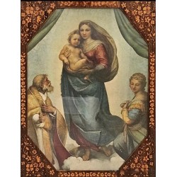 Antiguo marco con imagen de la Virgen y marquetería de flores, medidas 92x72.5 cm
