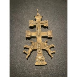 Cruz de Caravaca Antigua en Bronce - Pieza Religiosa Angelotes Siglo XIX