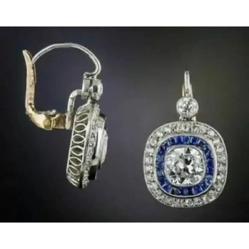 Pendientes Vintage Estilo Art Deco - Plata con Zafiros y Diamantes Baño Oro