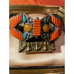 Brazalete Tribal de Plata Tibetana - Coral Turquesa Ámbar Joyería Étnica Nepal