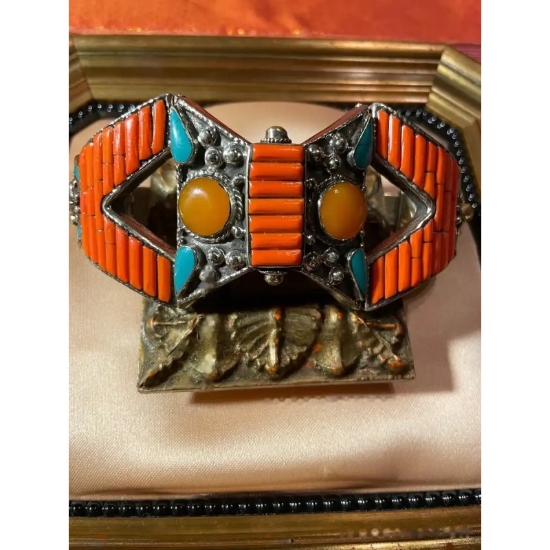 Brazalete Tribal de Plata Tibetana - Coral Turquesa Ámbar Joyería Étnica Nepal