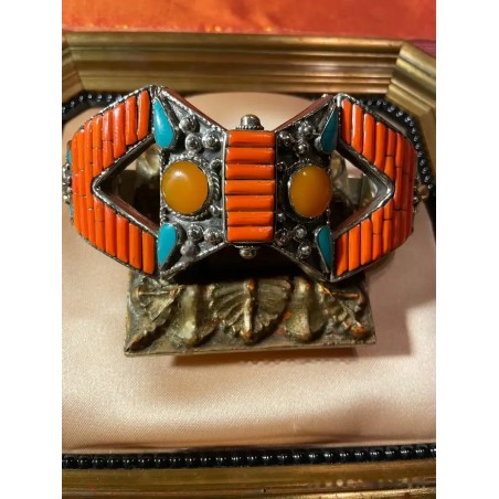 Brazalete Tribal de Plata Tibetana - Coral Turquesa Ámbar Joyería Étnica Nepal