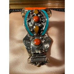 Brazalete Tribal de Plata Tibetana - Coral Turquesa Ámbar Joyería Étnica Nepal