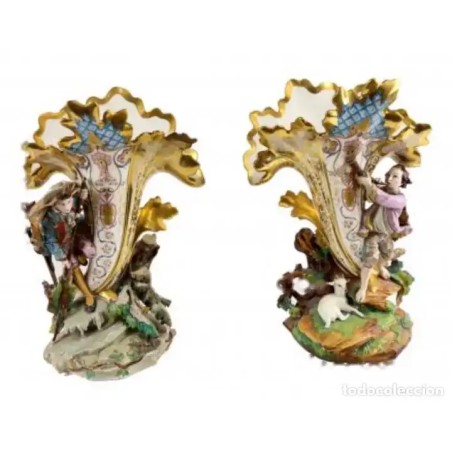 Jarrones Porcelana Isabelinos Vintage Escenas Pastoriles Colección - siglo XIX