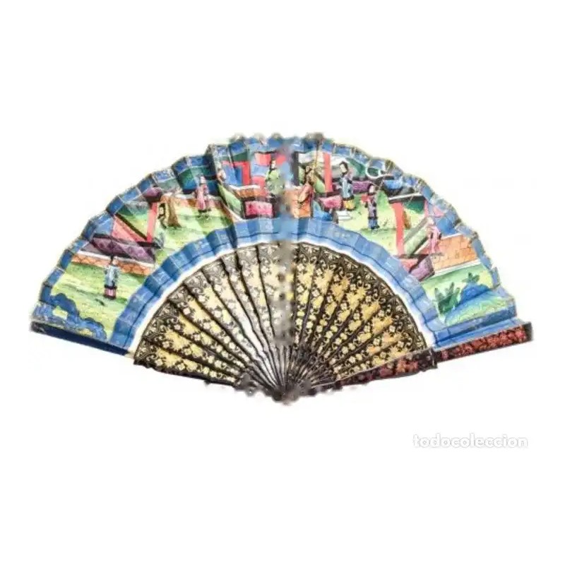 Abanico Oriental Vintage Siglo XIX Madera Dorada Escenas Jardín Abanico Oriental Vintage Siglo XIX Madera Dorada Escenas Jardín