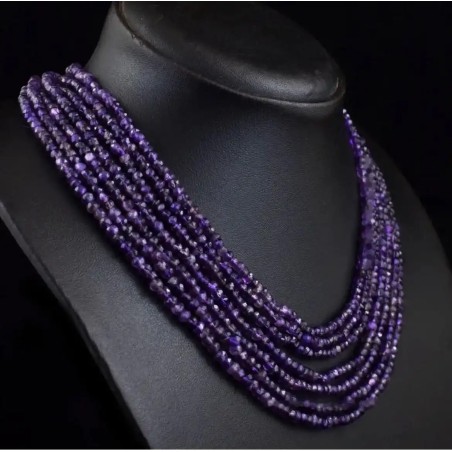 Collar Amatista Multivuelta Genuino Gemas Naturales Joyería Premium 340 CT.
