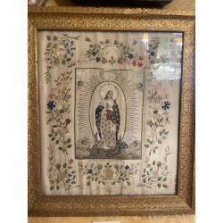 Bordado Religioso Antiguo Inmaculada Virgen María Obra Maestra Textil Seda y Oro