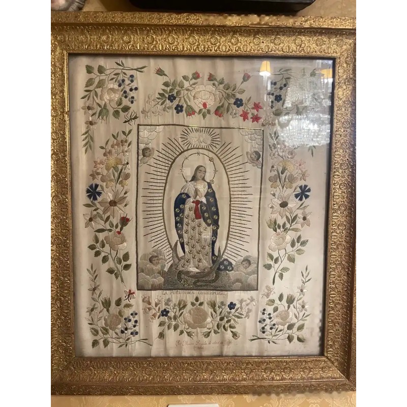 Bordado Religioso Antiguo Inmaculada Virgen María Obra Maestra Textil Seda y Oro