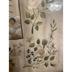 Bordado Religioso Antiguo Inmaculada Virgen María Obra Maestra Textil Seda y Oro