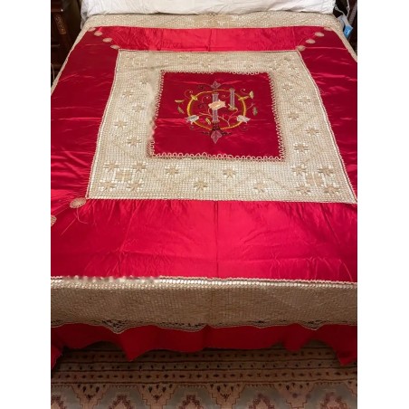 Colcha Antigua Seda Roja Bordado Filipino Vintage Siglo XIX
