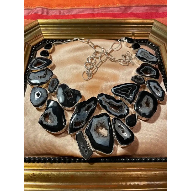 Collar Gargantilla Plata Ágatas Geoda Diseño Contemporáneo Collar Gargantilla Plata Ágatas Geoda Diseño Contemporáneo