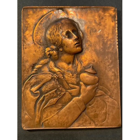 Placa de Cobre Grabada - Representación Religiosa de Santa con Aureola